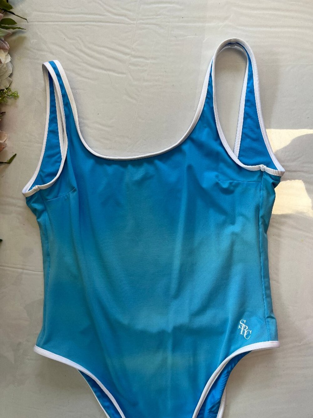 Sporty & Rich One Piece Swimsuit Scoop Back Blue White Trim S - Picture 11 of 12